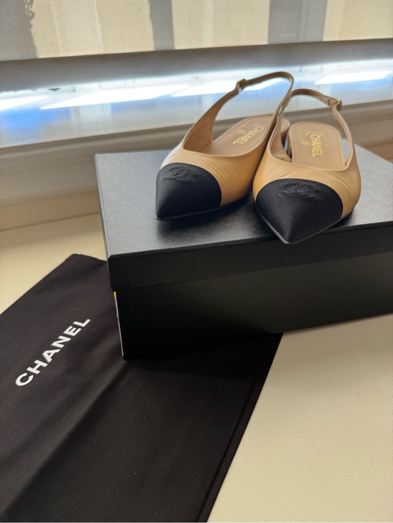 CHANEL Shoes - CHANEL Two-Tone Pointed Slingback Flats in Beige and Black